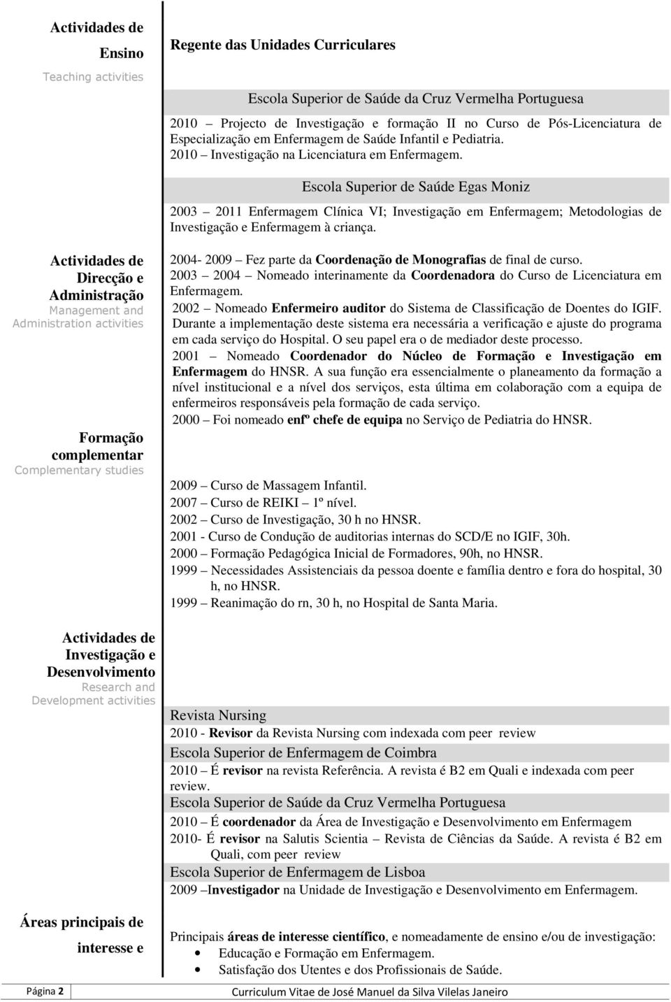 Escola Superior de Saúde Egas Moniz 2003 2011 Enfermagem Clínica VI; Investigação em Enfermagem; Metodologias de Investigação e Enfermagem à criança.