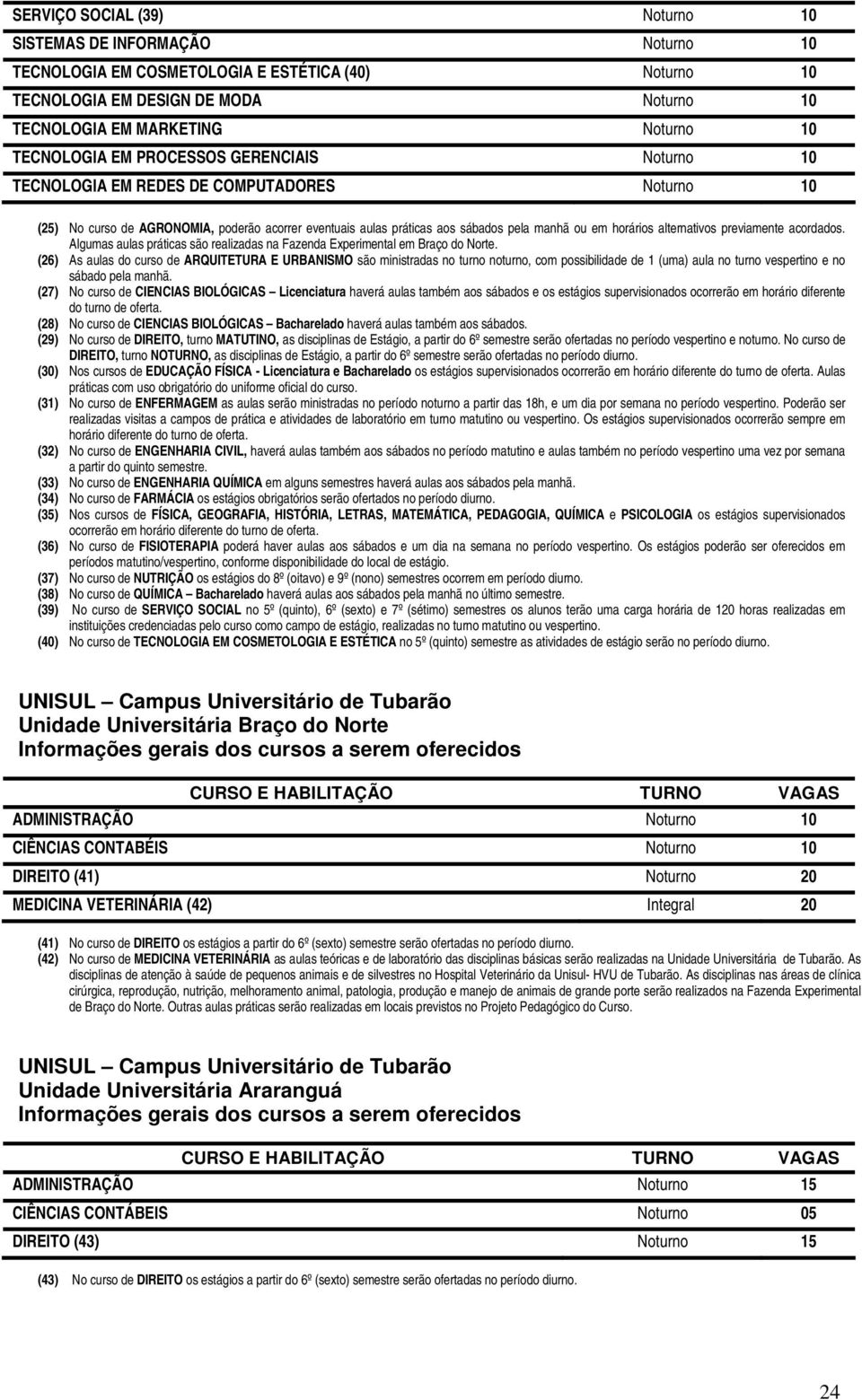 alternativos previamente acordados. Algumas aulas práticas são realizadas na Fazenda Experimental em Braço do Norte.