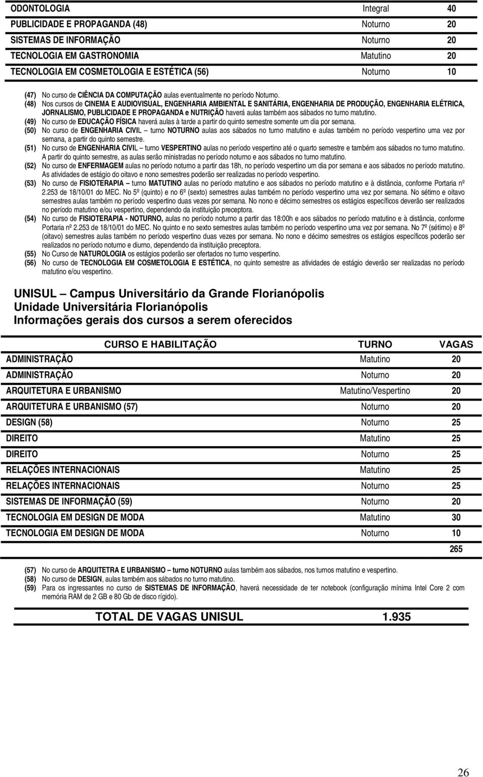 (48) Nos cursos de CINEMA E AUDIOVISUAL, ENGENHARIA AMBIENTAL E SANITÁRIA, ENGENHARIA DE PRODUÇÃO, ENGENHARIA ELÉTRICA, JORNALISMO, PUBLICIDADE E PROPAGANDA e NUTRIÇÃO haverá aulas também aos sábados