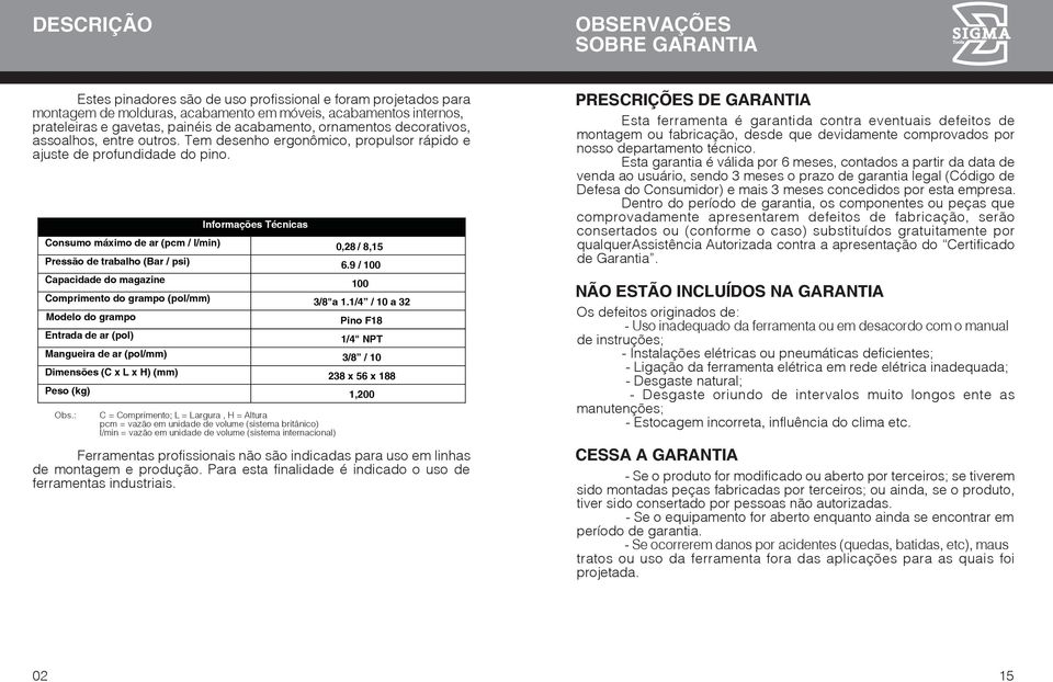 : Informações Técnicas Consumo máximo de ar (pcm / l/min) 0,28 / 8,15 Pressão de trabalho (Bar / psi) 6.9 / 100 Capacidade do magazine 100 Comprimento do grampo (pol/mm) 3/8"a 1.