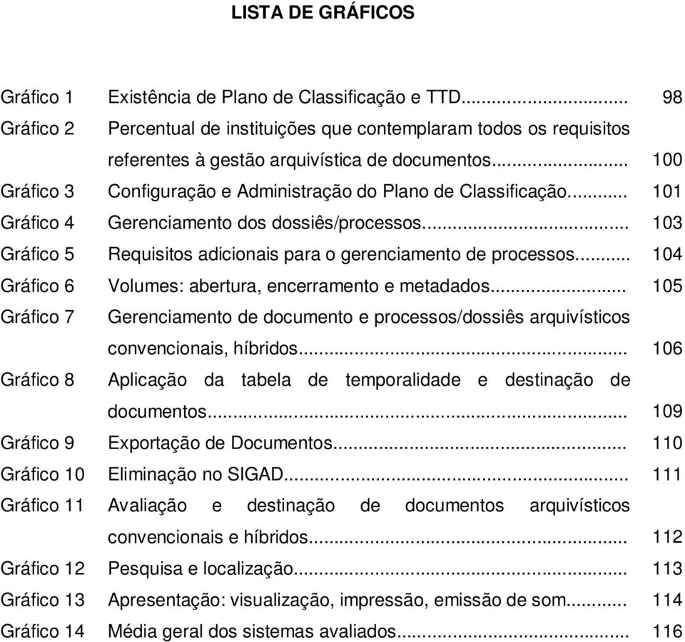 .. 104 Gráfico 6 Volumes: abertura, encerramento e metadados... 105 Gráfico 7 Gerenciamento de documento e processos/dossiês arquivísticos convencionais, híbridos.