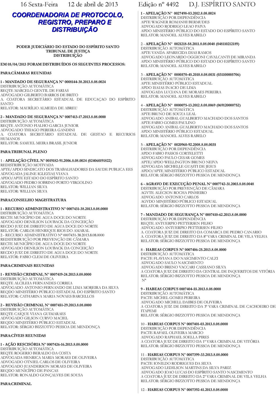 DO ESPÍRITO SANTO TRIBUNAL DE JUSTIÇA DISTRIBUIÇÃO EM 05/04/2013 FORAM DISTRIBUÍDOS OS SEGUINTES PROCESSOS: PARA:CÂMARAS REUNIDAS 1 - MANDADO DE SEGURANÇA Nº 00081