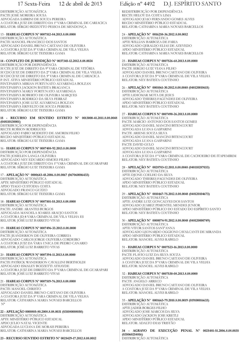 DEPENDÊNCIA RECTE HELOY DA COSTA LIMA ADVOGADO JOAO FERNANDO GOMES ALVES RECDO MINISTÉRIO PÚBLICO ESTADUAL RELATOR: CATHARINA MARIA NOVAES BARCELLOS 13 - HABEAS CORPUS Nº 0007512-84.2013.8.08.