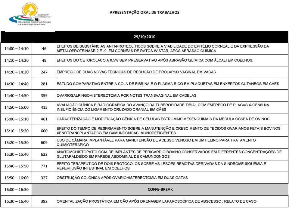 14:20 14:30 247 EMPREGO DE DUAS NOVAS TÉCNICAS DE REDUÇÃO DE PROLAPSO VAGINAL EM VACAS 14:30 14:40 281 ESTUDO COMPARATIVO ENTRE A COLA DE FIBRINA E O PLASMA RICO EM PLAQUETAS EM ENXERTOS CUTÂNEOS EM