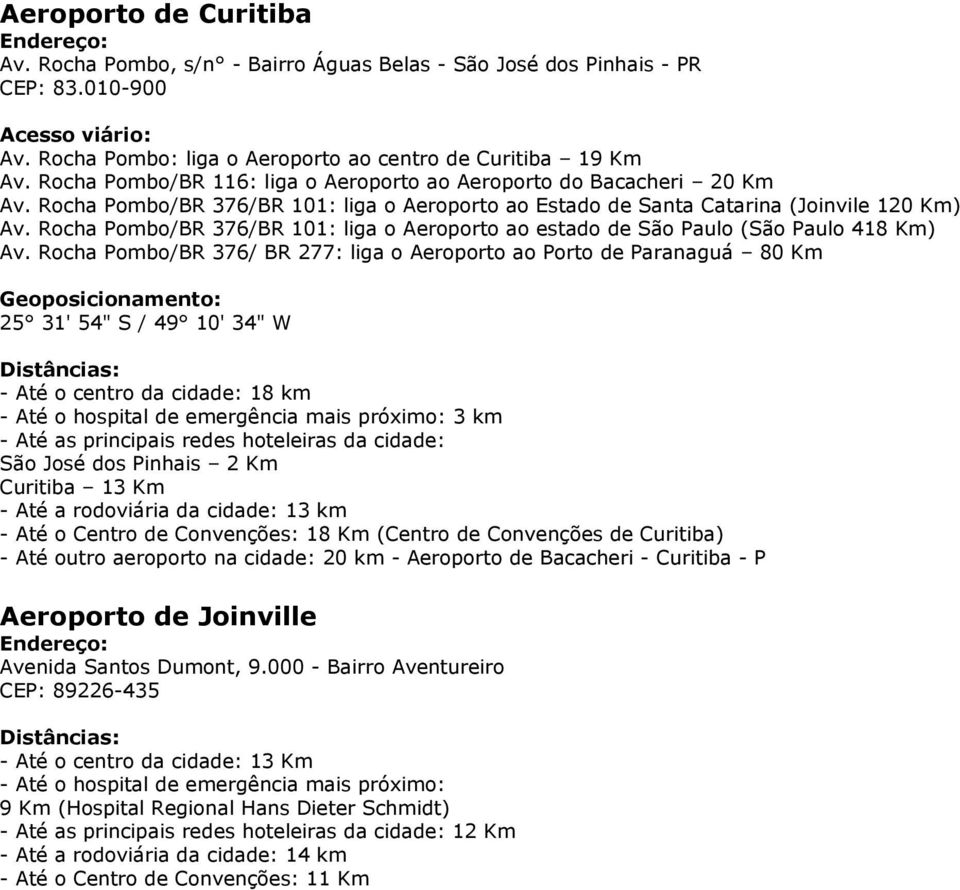 Rocha Pombo/BR 376/BR 101: liga o Aeroporto ao estado de São Paulo (São Paulo 418 Km) Av.