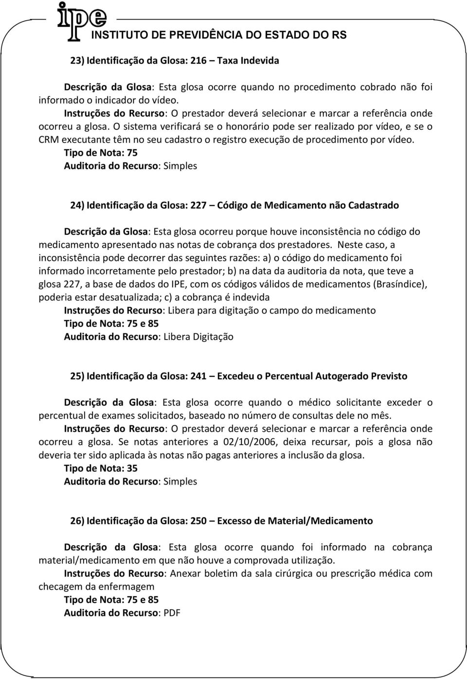 24) Identificação da Glosa: 227 Código de Medicamento não Cadastrado Descrição da Glosa: Esta glosa ocorreu porque houve inconsistência no código do medicamento apresentado nas notas de cobrança dos