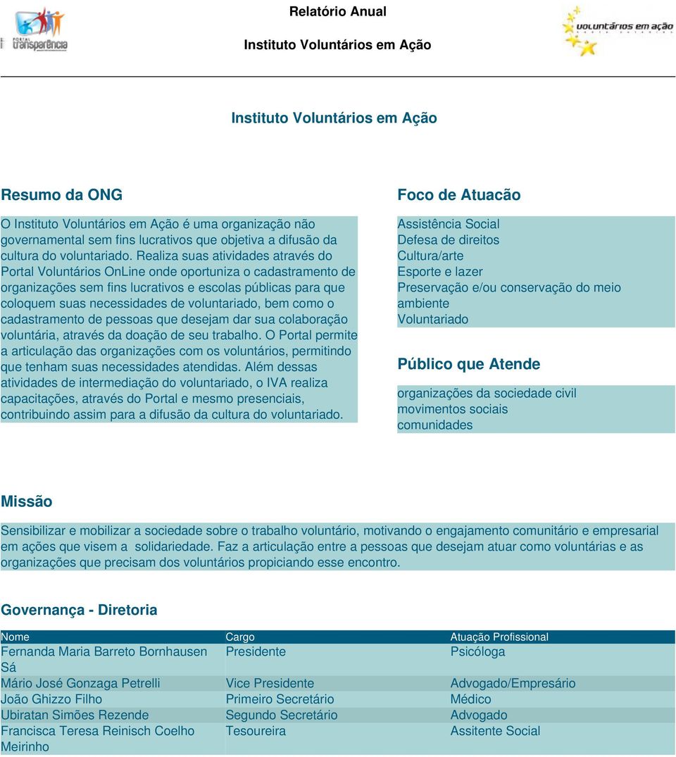 voluntariado, bem como o cadastramento de pessoas que desejam dar sua colaboração voluntária, através da doação de seu trabalho.