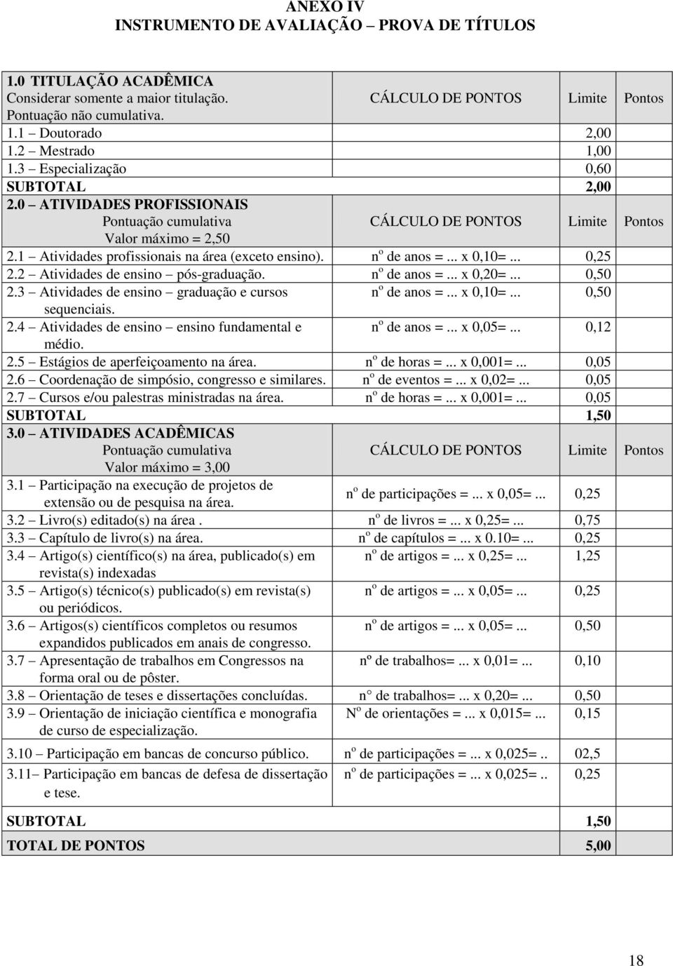 1 Atividades profissionais na área (exceto ensino). n o de anos =... x 0,10=... 0,25 2.2 Atividades de ensino pós-graduação. n o de anos =... x 0,20=... 0,50 2.