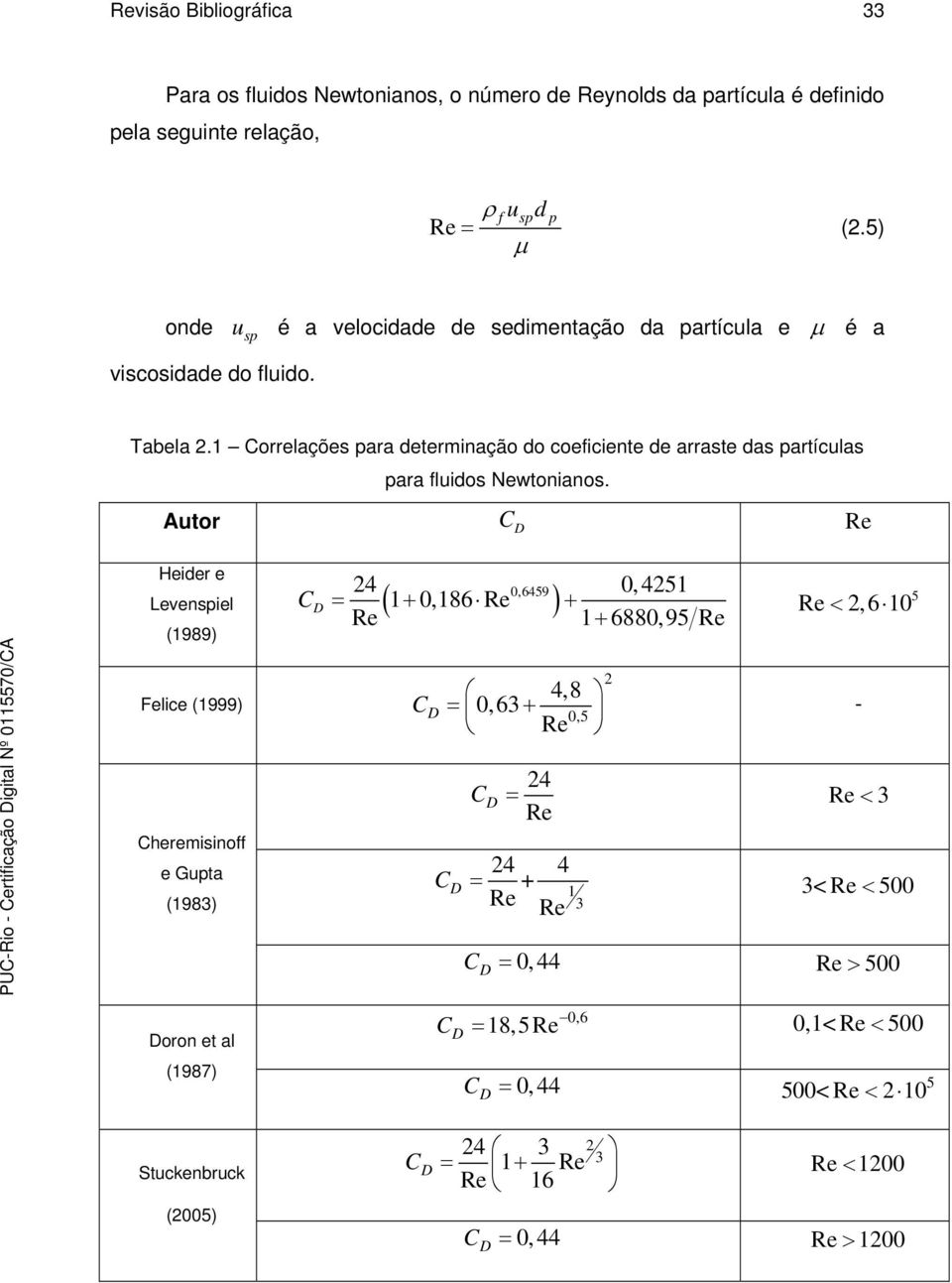 Autor C D Re Heider e evenspiel (1989) 24 0,6459 0, 4251 C D = ( 1+ 0,186 Re ) + 5 Re < 2,6 10 Re 1 + 6880,95 Re Felice (1999) C D 4,8 0,5 = 0,63 + Re 2 - Cheremisinoff e Gupta (1983) 24 C