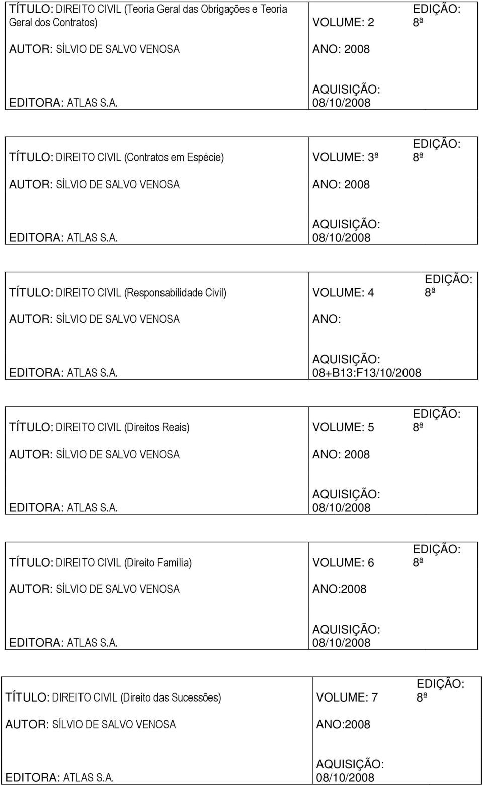 SALVO VENOSA ANO: 08+B13:F13/10/2008 TÍTULO: DIREITO CIVIL (Direitos Reais) 5 AUTOR: SÍLVIO DE SALVO VENOSA ANO: 2008 TÍTULO: DIREITO CIVIL