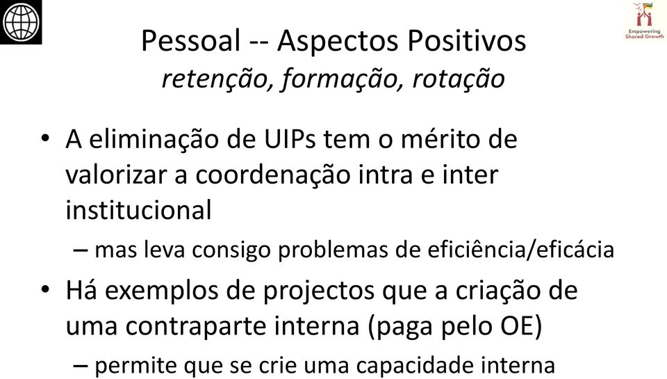 consigo problemas de eficiência/eficácia Há exemplos de projectos que a criação