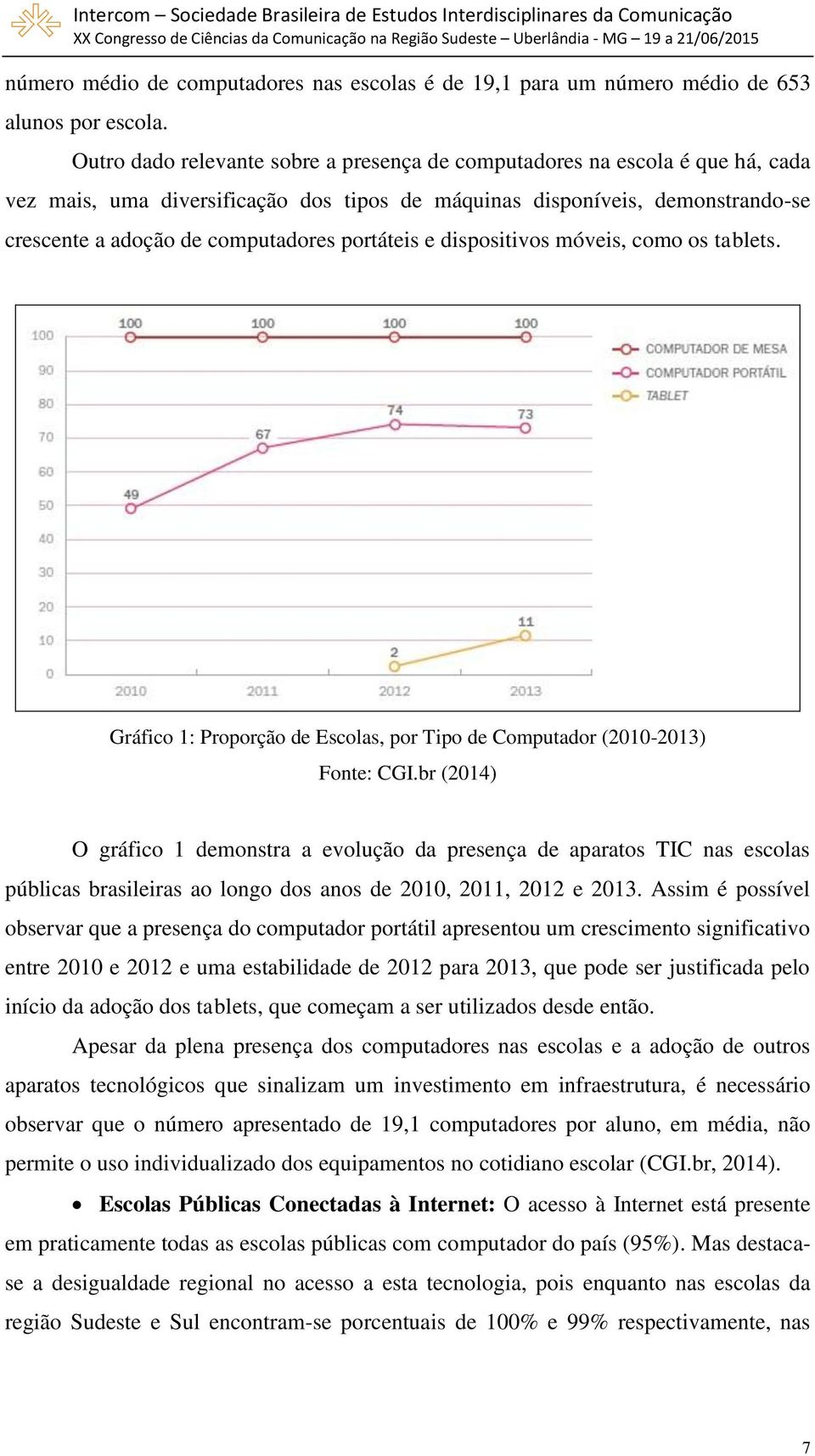 portáteis e dispositivos móveis, como os tablets. Gráfico 1: Proporção de Escolas, por Tipo de Computador (2010-2013) Fonte: CGI.