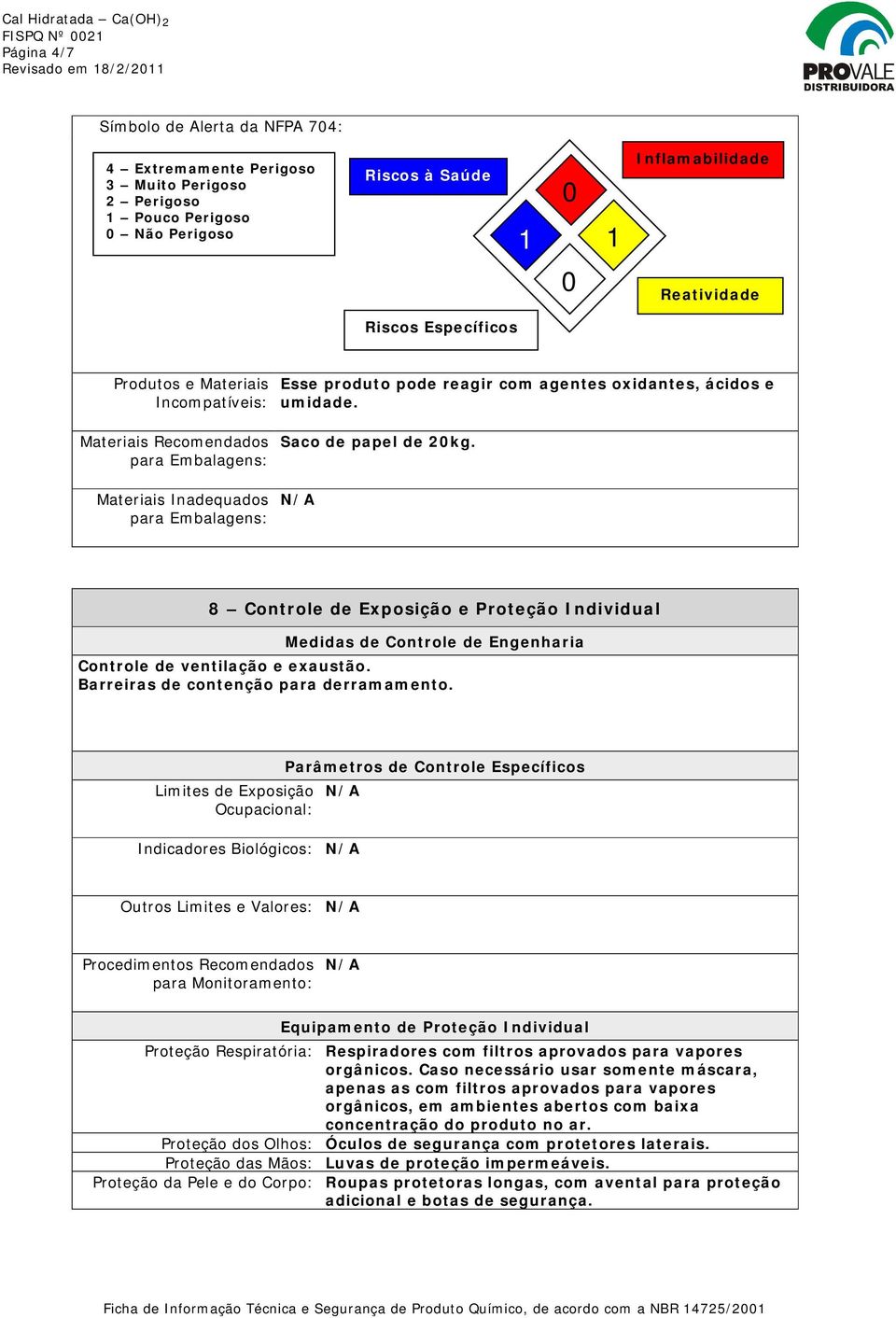 Materiais Recomendados para Embalagens: Materiais Inadequados para Embalagens: Saco de papel de 20kg.