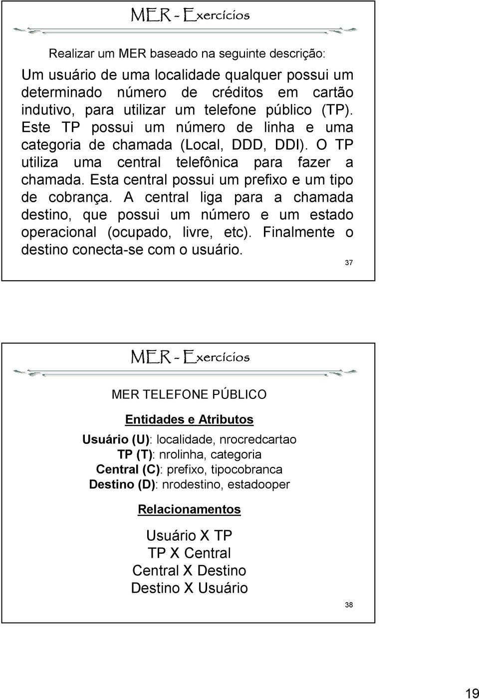 Esta central possui um prefixo e um tipo de cobrança. A central liga para a chamada destino, que possui um número e um estado operacional (ocupado, livre, etc).