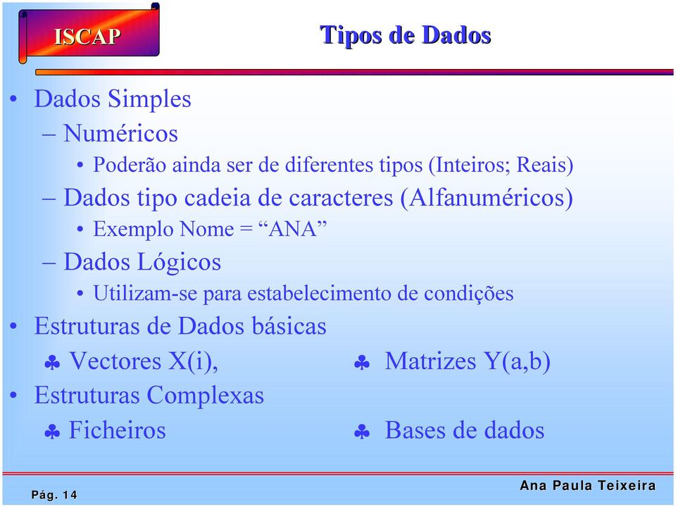 ANA Dados Lógicos Utilizam-se para estabelecimento de condições Estruturas de Dados