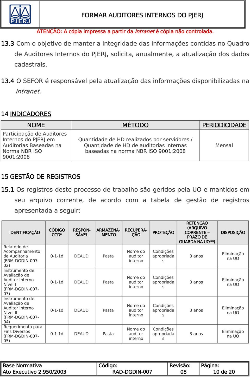 14 INDICADORES NOME Participação de Auditores Internos do PJERJ em Auditorias Baseadas na Norma NBR ISO 9001:2008 MÉTODO Quantidade de HD realizados por servidores / Quantidade de HD de auditorias