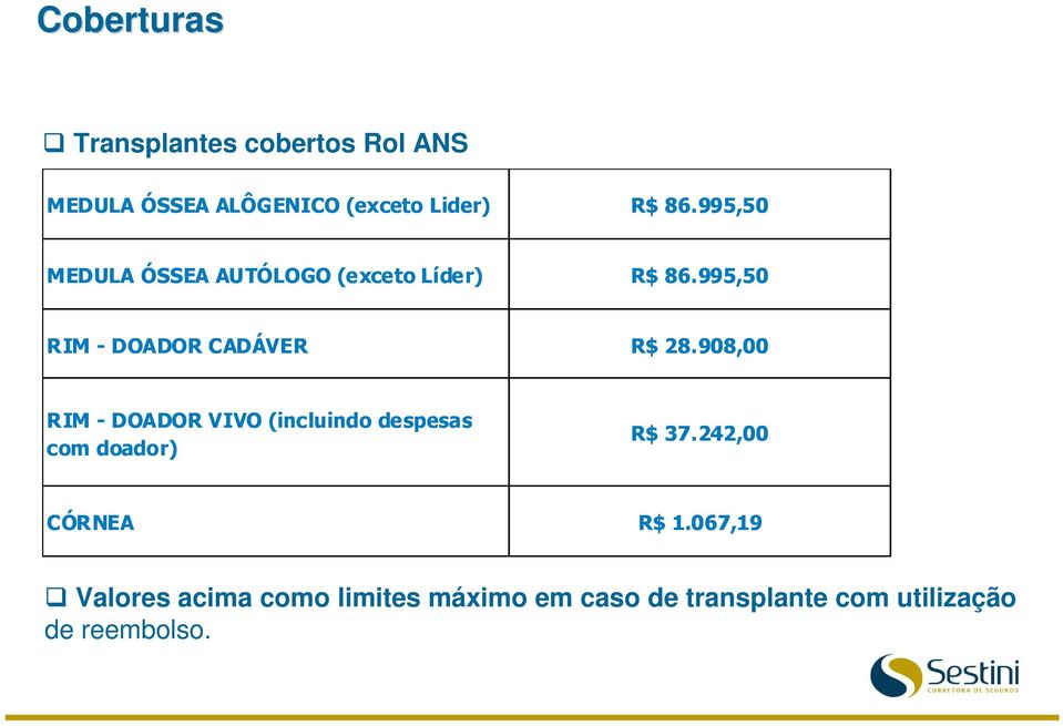 908,00 RIM -DOADOR VIVO (incluindo despesas com doador) R$ 37.242,00 CÓRNEA R$ 1.