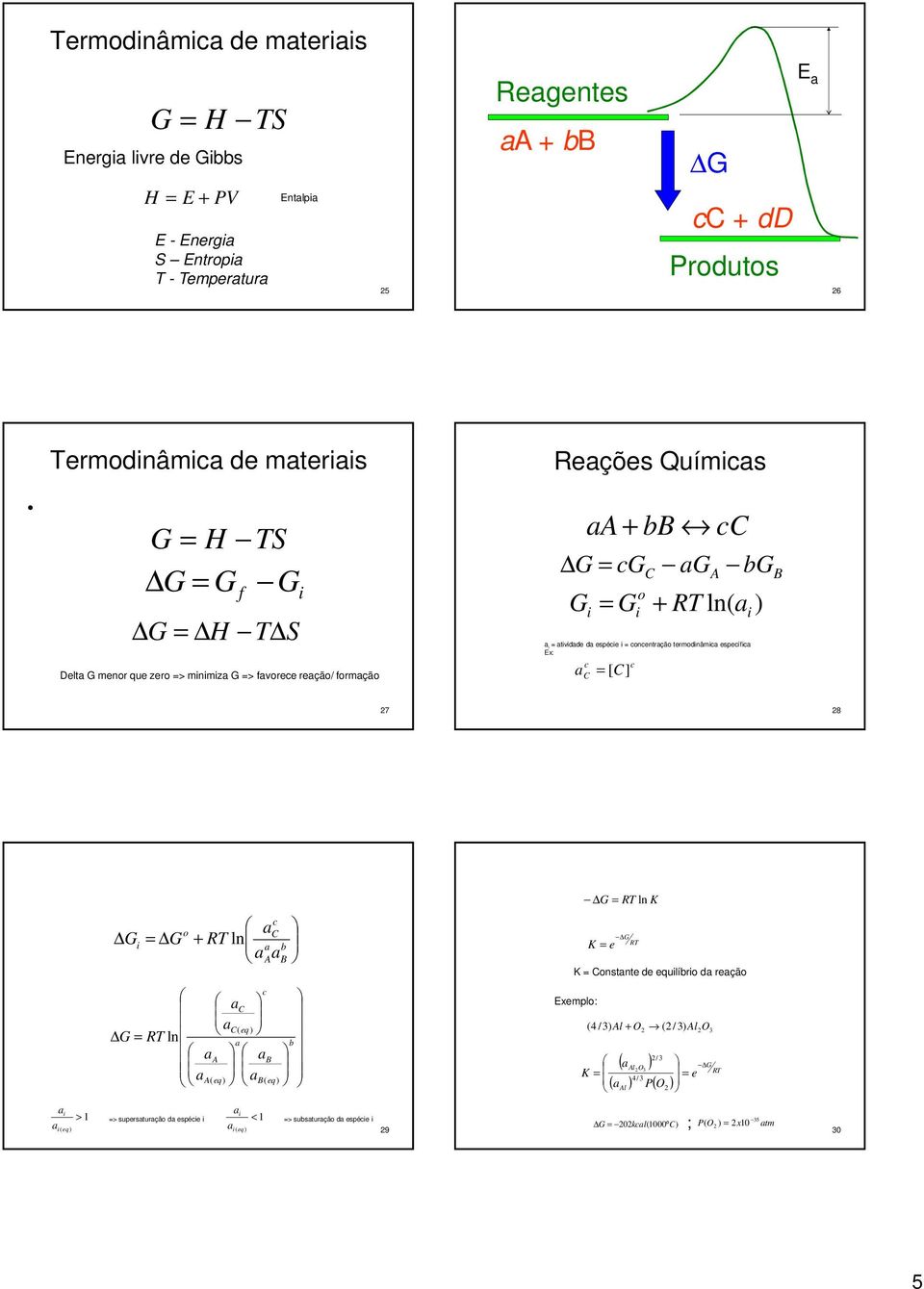 termodinâmic específic Ex: c c C = [ C] B 7 8 = RT ln K i = o c C + RT ln A b B K = e RT K = Constnte de equilíbrio d reção c C C( eq) = RT ln A A( eq) B( B eq) b Exemplo: ( 4 / 3)