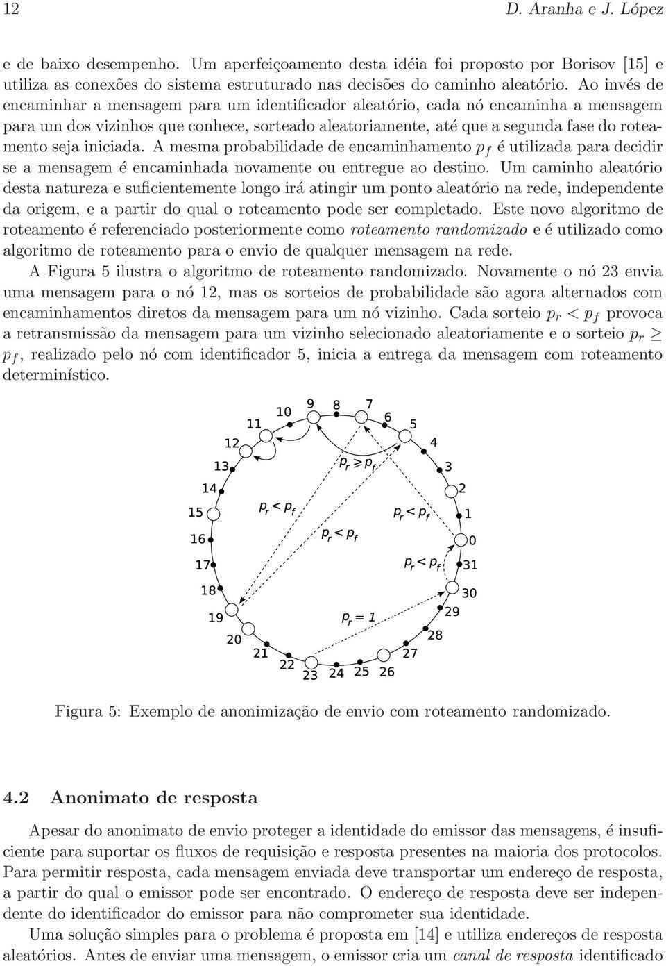 iniciada. A mesma probabilidade de encaminhamento p f é utilizada para decidir se a mensagem é encaminhada novamente ou entregue ao destino.