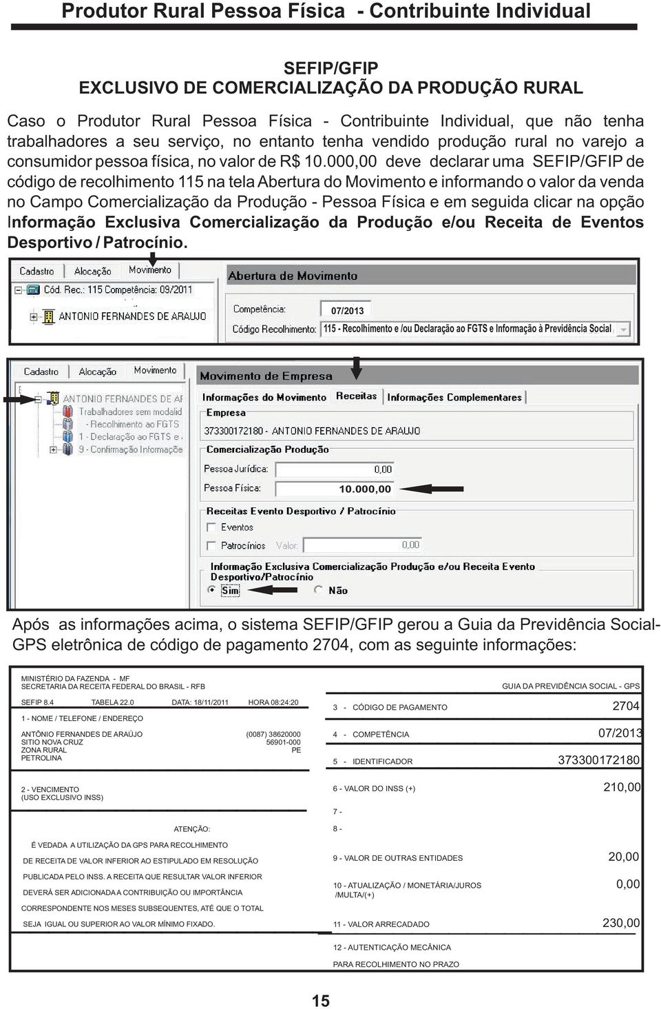 000,00 deve declarar uma SEFIP/GFIP de código de recolhimento 115 na tela Abertura do Movimento e informando o valor da venda no Campo Comercialização da Produção - Pessoa Física e em seguida clicar