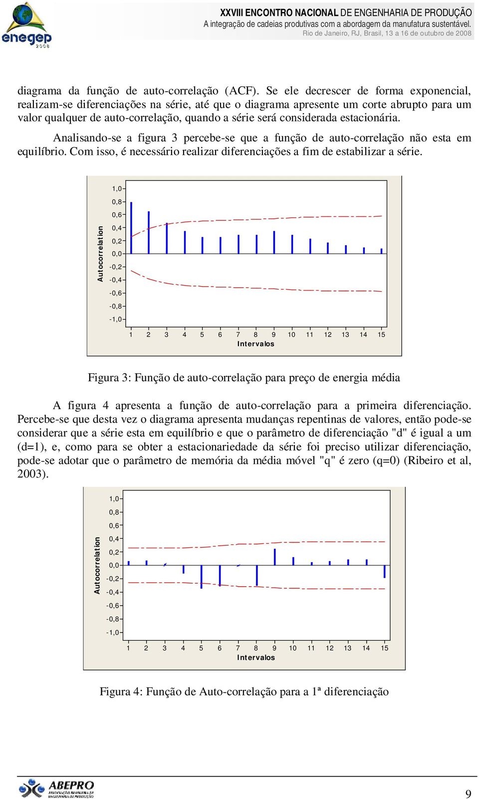 estacionária. Analisando-se a figura percebe-se que a função de auto-correlação não esta em equilíbrio. Com isso, é necessário realizar diferenciações a fim de estabilizar a série.