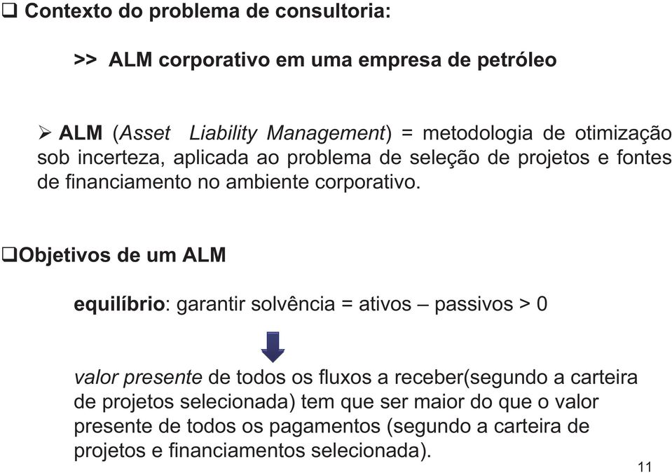 Objeivos de um ALM equilíbrio: garanir solvência = aivos passivos > 0 valor presene de odos os fluxos a receber(segundo a