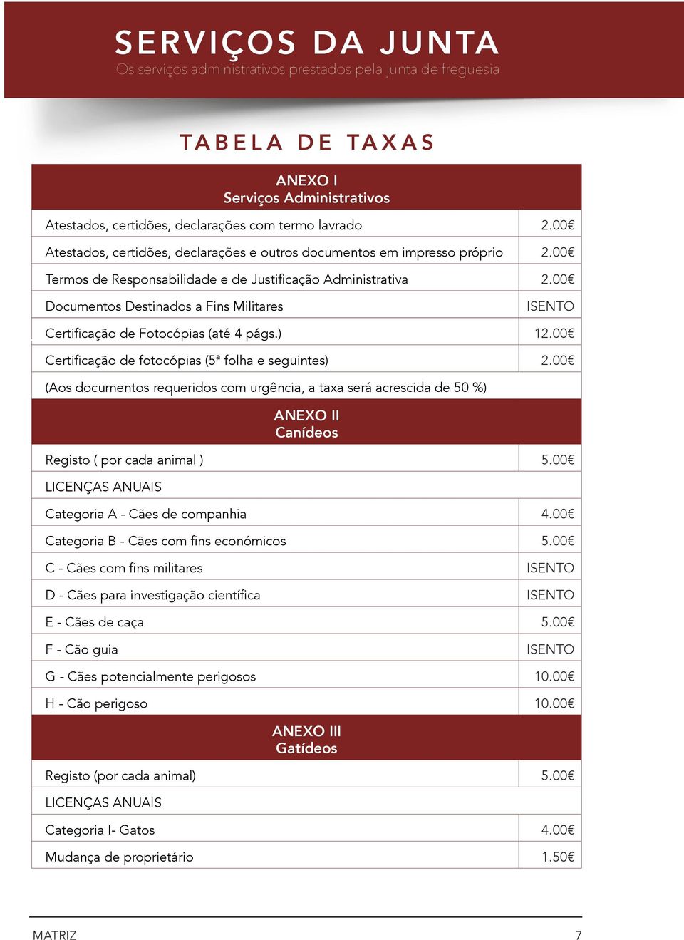 00 Documentos Destinados a Fins Militares ISENTO Certificação de Fotocópias (até 4 págs.) 12.00 Certificação de fotocópias (5ª folha e seguintes) 2.