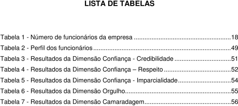 ..49 Tabela 3 - Resultados da Dimensão Confiança - Credibilidade.