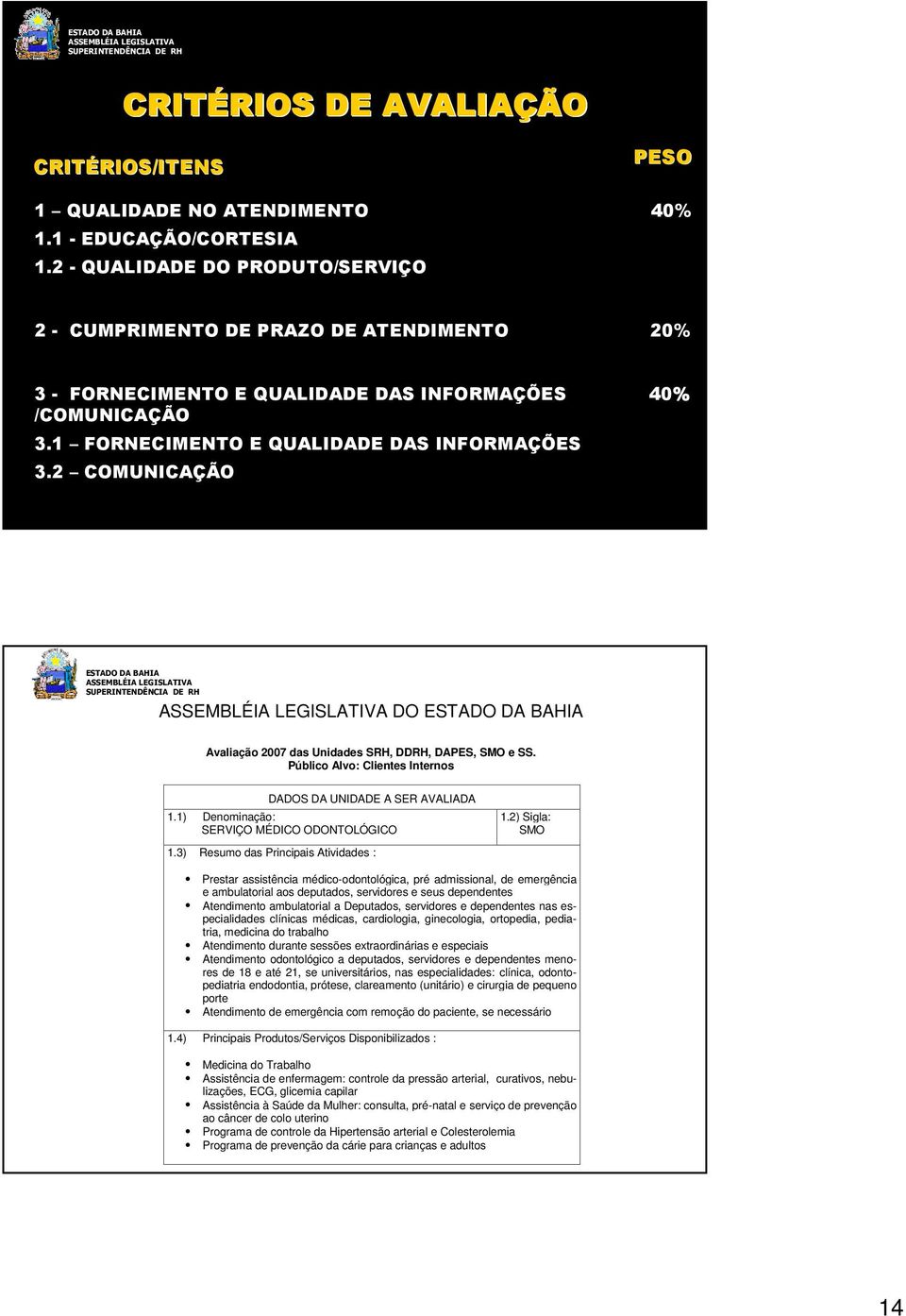 2 COMUNICAÇÃO DO Avaliação 2007 das Unidades SRH, DDRH, DAPES, SMO e SS. Público Alvo: Clientes Internos DADOS DA UNIDADE A SER AVALIADA 1.1) Denominação: SERVIÇO MÉDICO ODONTOLÓGICO 1.