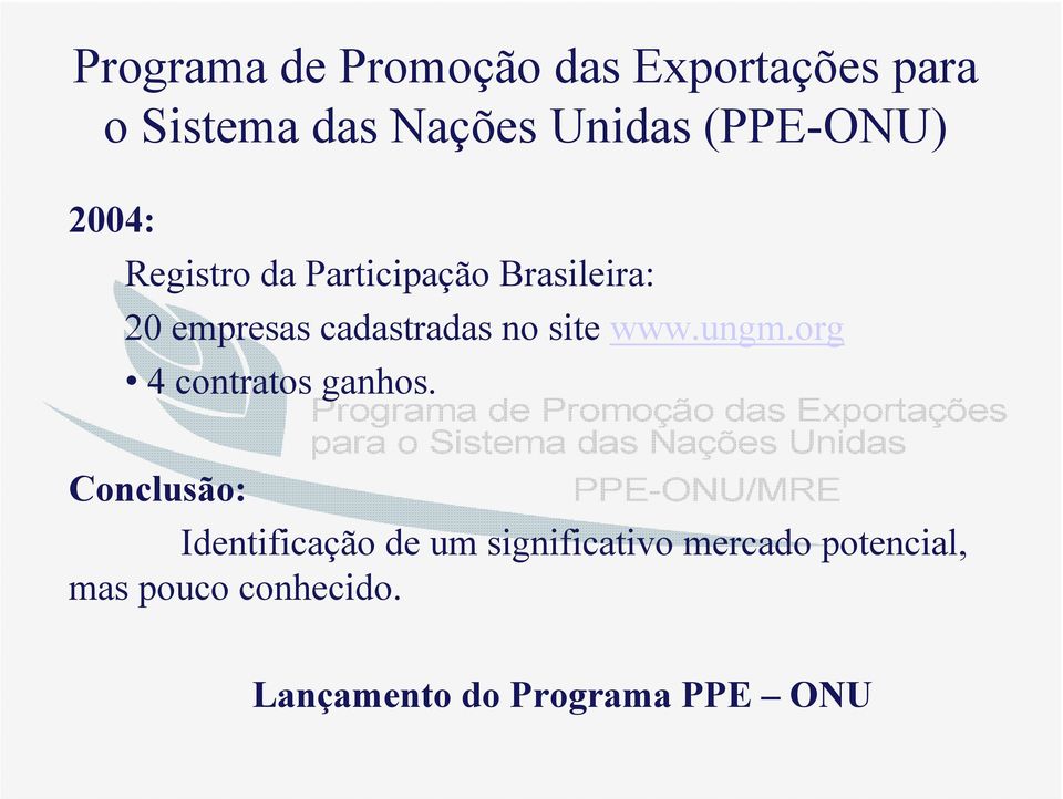 Conclusão: Programa de Promoção das Exportações para o Sistema das Nações Unidas PPE-ONU/MRE