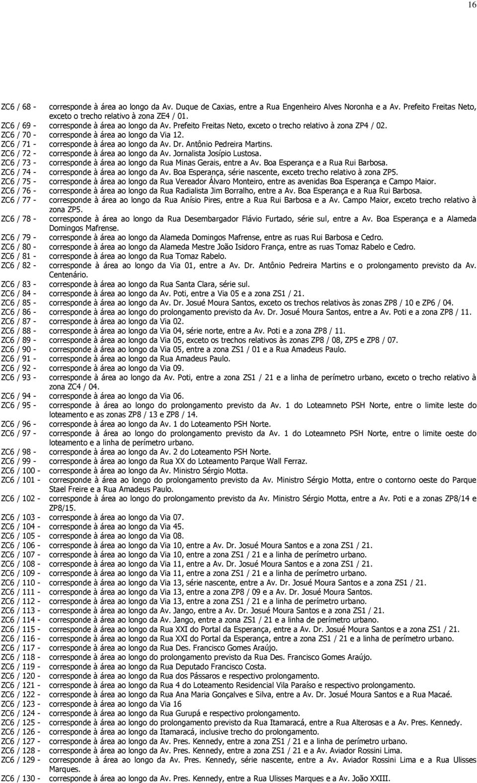 ZC6 / 71 - corresponde à área ao longo da Av. Dr. Antônio Pedreira Martins. ZC6 / 72 - corresponde à área ao longo da Av. Jornalista Josípio Lustosa.