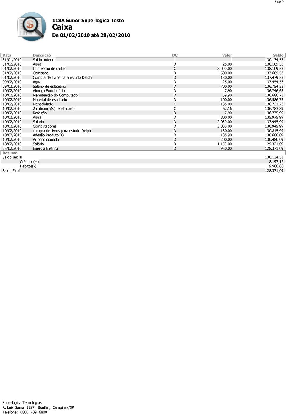 454,53 09/02/2010 Salario de estagiario D 700,00 136.754,53 10/02/2010 Almoço Funcionário D 7,90 136.746,63 10/02/2010 Manutenção do Computador D 59,90 136.