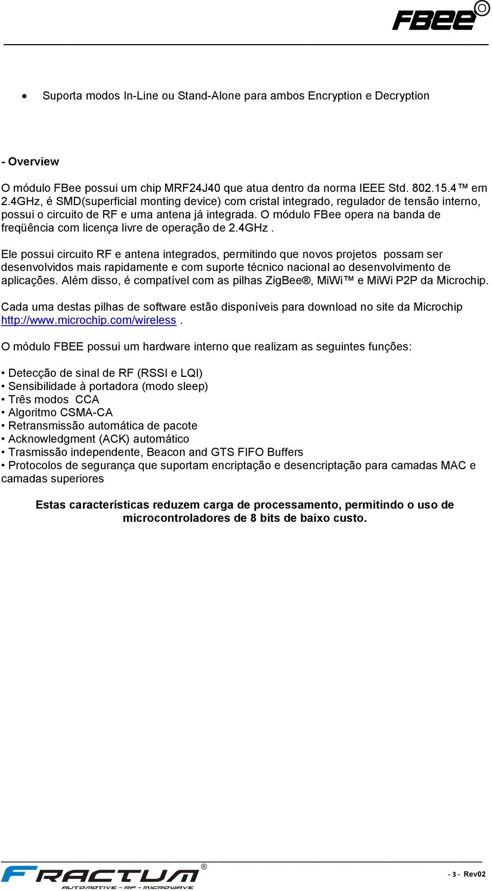 O módulo FBee opera na banda de freqüência com licença livre de operação de 2.4GHz.