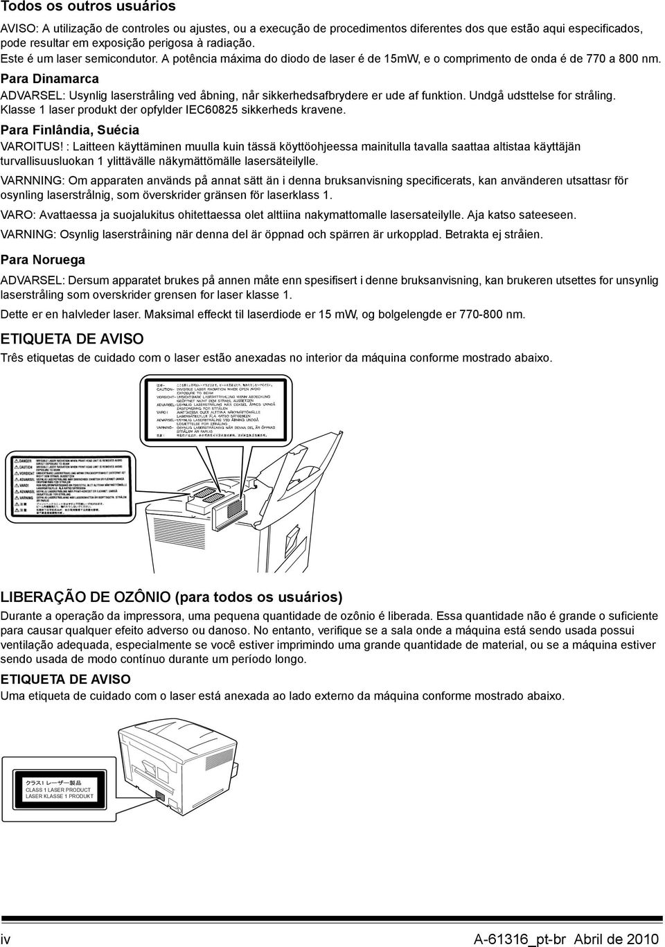 Para Dinamarca ADVARSEL: Usynlig laserstråling ved åbning, når sikkerhedsafbrydere er ude af funktion. Undgå udsttelse for stråling. Klasse 1 laser produkt der opfylder IEC60825 sikkerheds kravene.