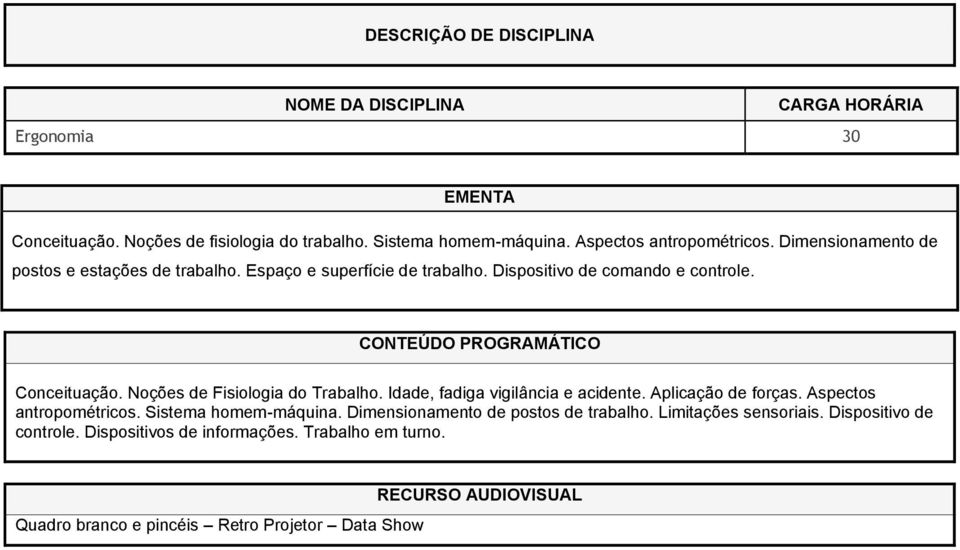 Noções de Fisiologia do Trabalho. Idade, fadiga vigilância e acidente. Aplicação de forças. Aspectos antropométricos. Sistema homem-máquina.