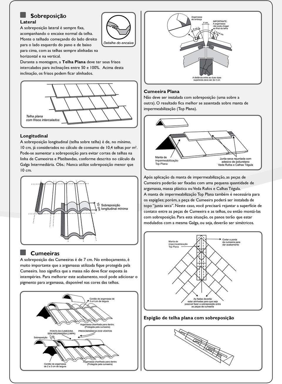 Durante a montagem, a Telha Plana deve ter seus frisos intercalados para inclinações entre 50 e 100%. Acima desta inclinação, os frisos podem ficar alinhados.
