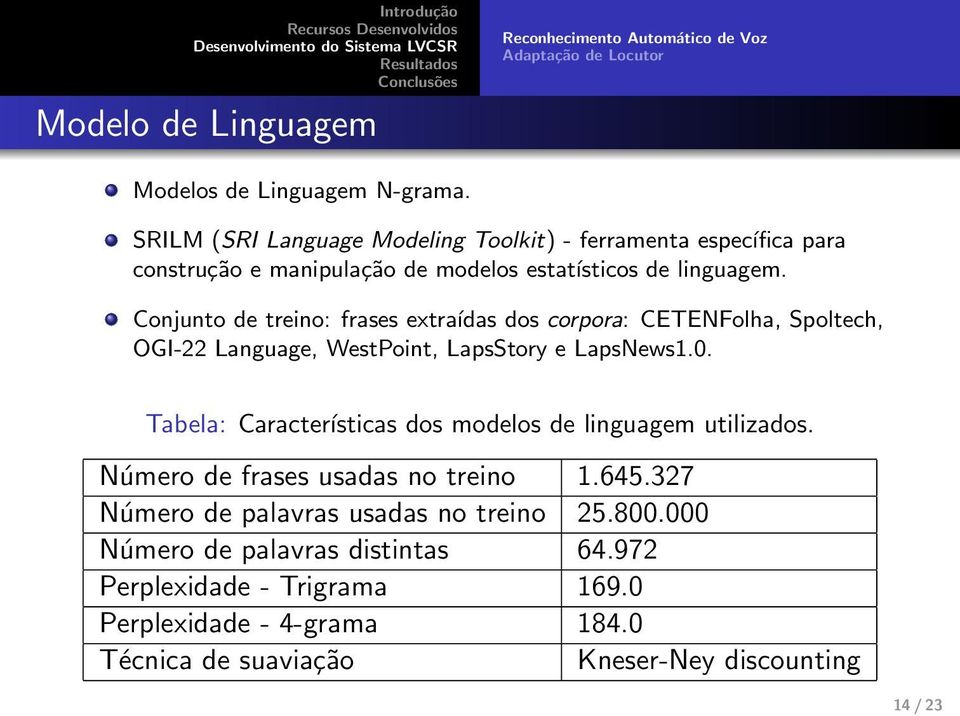 Conjunto de treino: frases extraídas dos corpora: CETENFolha, Spoltech, OGI-22 Language, WestPoint, LapsStory e LapsNews1.0.