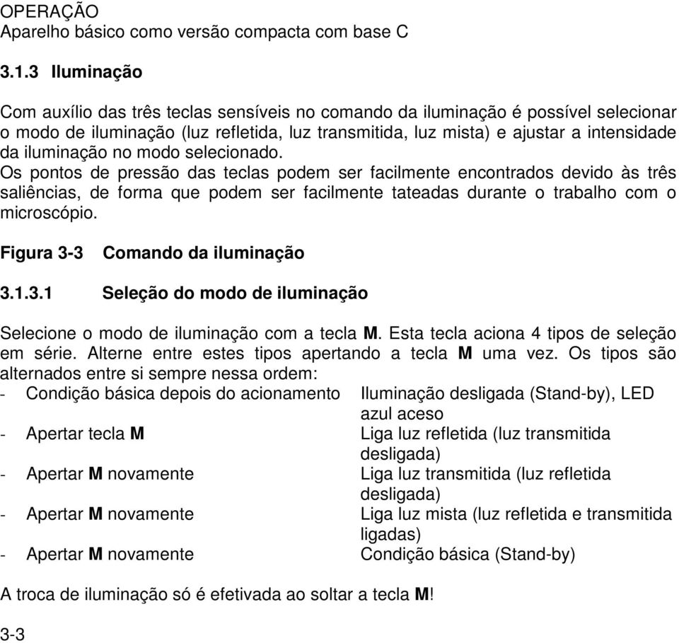 iluminação no modo selecionado.