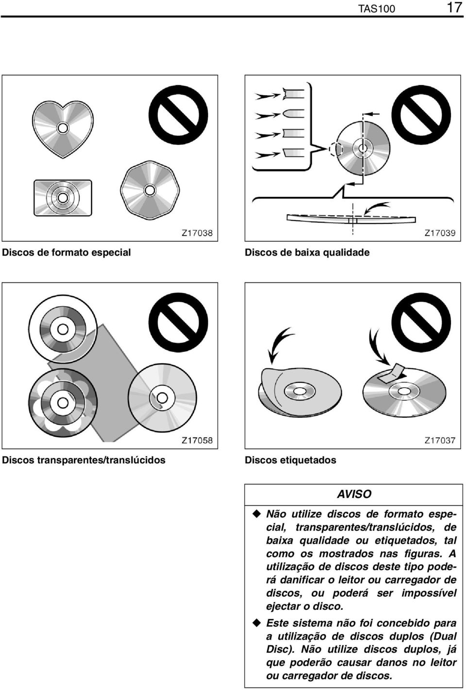 A utilização de discos deste tipo poderá danificar o leitor ou carregador de discos, ou poderá ser impossível ejectar o disco.