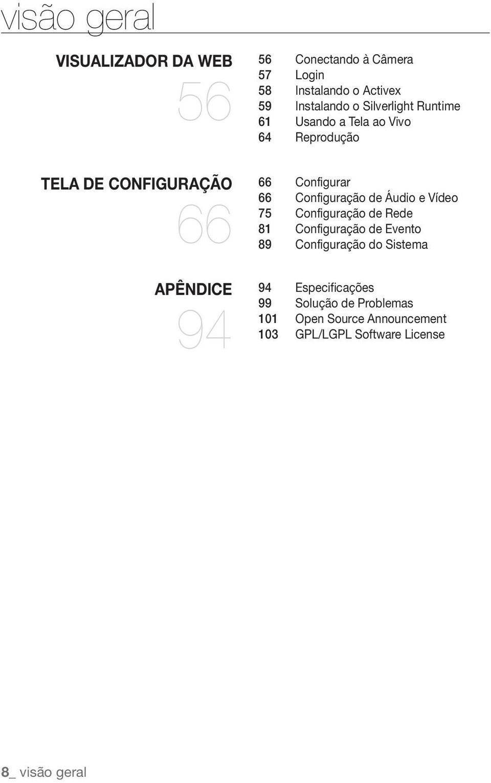 66 Configuração de Áudio e Vídeo 75 Configuração de Rede 81 Configuração de Evento 89 Configuração do Sistema