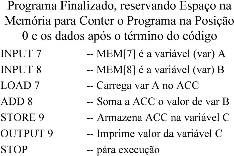 é a variável (var) A -- MEM[8] é a variável (var) B -- Carrega var A no ACC -- Soma a ACC o