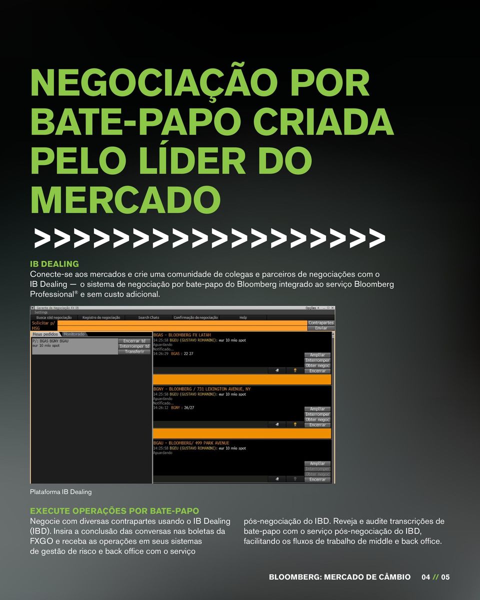 Plataforma IB Dealing EXECUTE OPERAÇÕES POR BATE-PAPO Negocie com diversas contrapartes usando o IB Dealing (IBD).