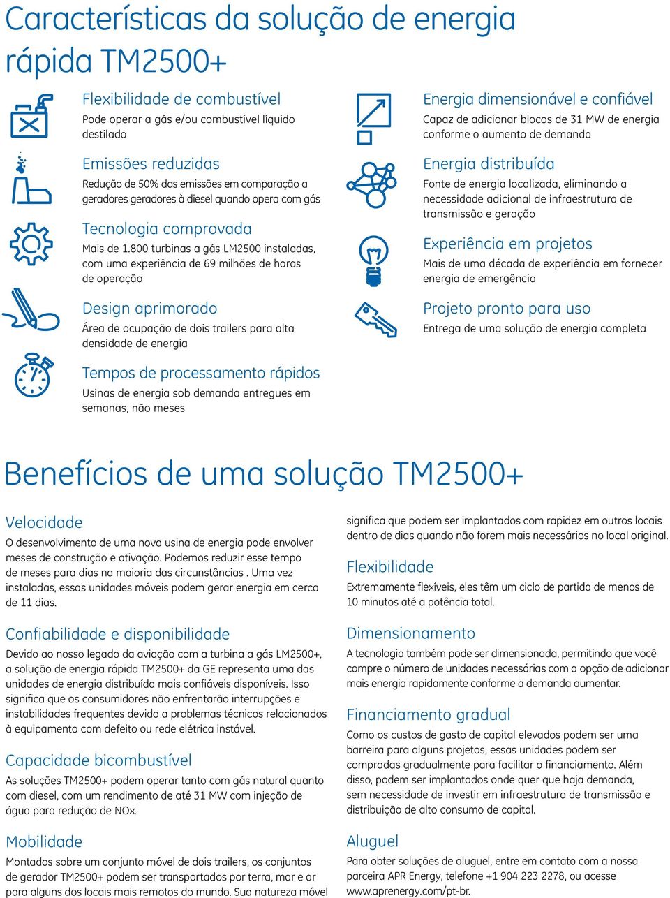 800 turbinas a gás LM2500 instaladas, com uma experiência de 69 milhões de horas de operação Design aprimorado Área de ocupação de dois trailers para alta densidade de energia Energia dimensionável e