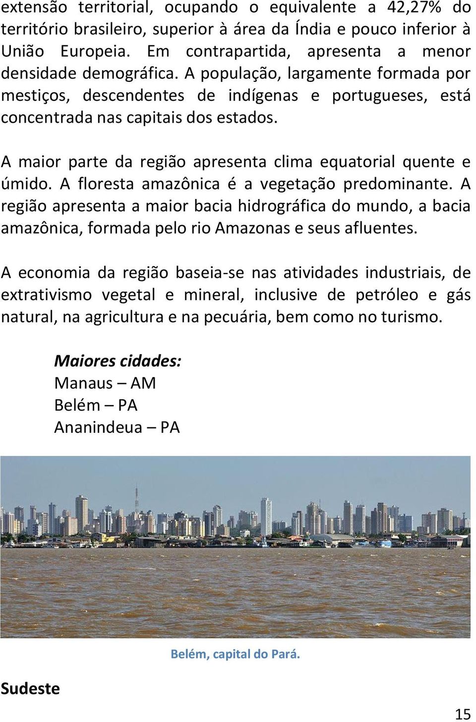 A floresta amazônica é a vegetação predominante. A região apresenta a maior bacia hidrográfica do mundo, a bacia amazônica, formada pelo rio Amazonas e seus afluentes.