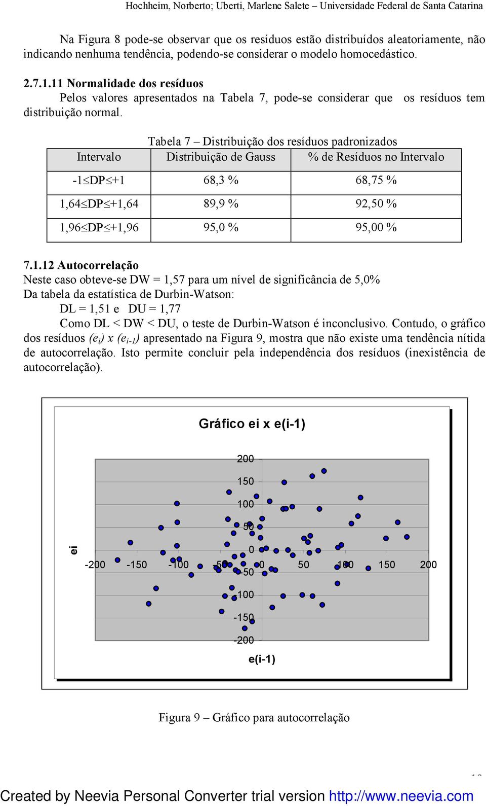 Tabela 7 Distribuição dos resíduos padronizados Intervalo Distribuição de Gauss % de Resíduos no Intervalo -1 