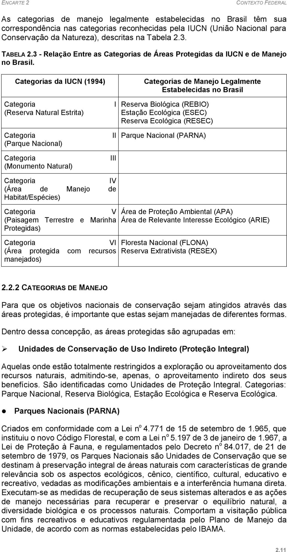 Categorias da IUCN (1994) Categoria (Reserva Natural Estrita) Categoria (Parque Nacional) Categoria (Monumento Natural) I II III Categorias de Manejo Legalmente Estabelecidas no Brasil Reserva