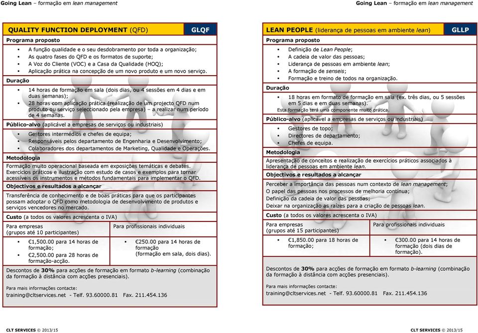 duas semanas); 28 horas com aplicação prática (realização de um projecto QFD num produto ou serviço seleccionado pela empresa) a realizar num período de 4 semanas.