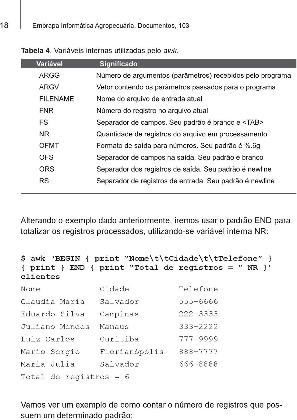 Nome\t\tCidade\t\tTelefone } { print } END { print Total de registros = NR } clientes Nome Cidade Telefone Claudia Maria Salvador 555-6666 Eduardo Silva Campinas