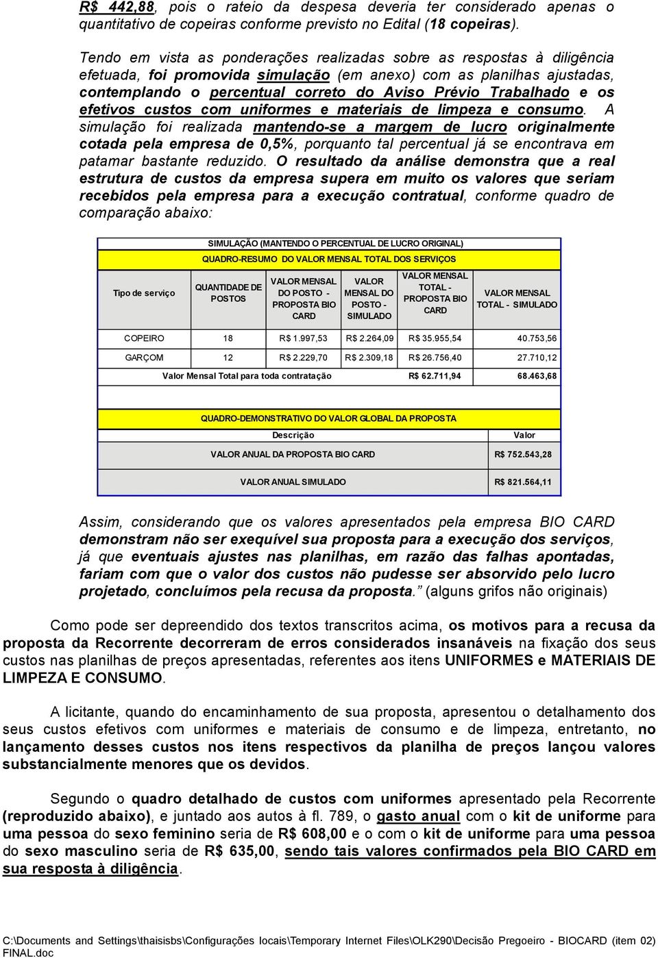 Trabalhado e os efetivos custos com uniformes e materiais de limpeza e consumo.