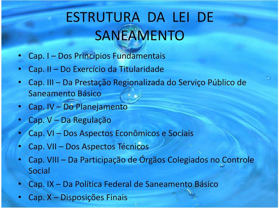 V Da Regulação Cap. VI Dos Aspectos Econômicos e Sociais Cap. VII Dos Aspectos Técnicos Cap.